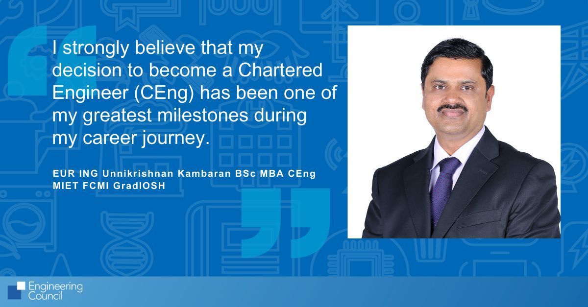 EngCouncil's tweet photo. EUR ING Unnikrishnan Kambaran BSc MBA CEng MIET FCMI GradIOSH recommends pursuing professional registration when your skills meet UK-SPEC standards, calling #CEng status a key career milestone: https://t.co/vGJ1cXcbSJ
@TheIET #CharteredEngineer https://t.co/NH5vO39JV1