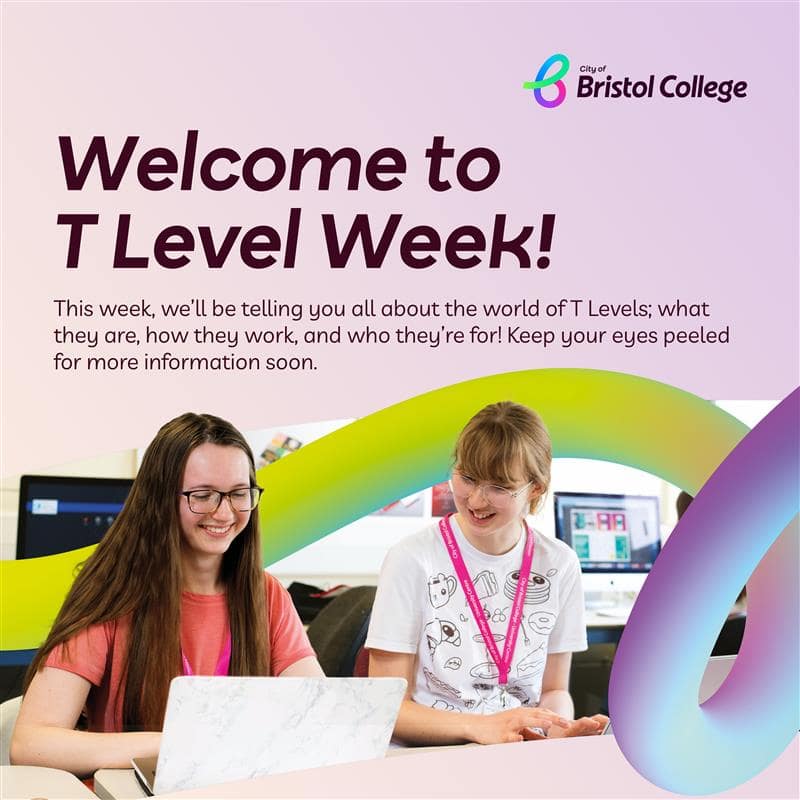 Today marks the start of T Level Week!🎓🍎🌟

For the next 5 days, we'll be exploring the wonderful world of T Levels and answering your frequently asked questions - keep your eyes peeled for more!👀

#MyBristolCollege #WhereNext #TLevelWeek #TLevels
