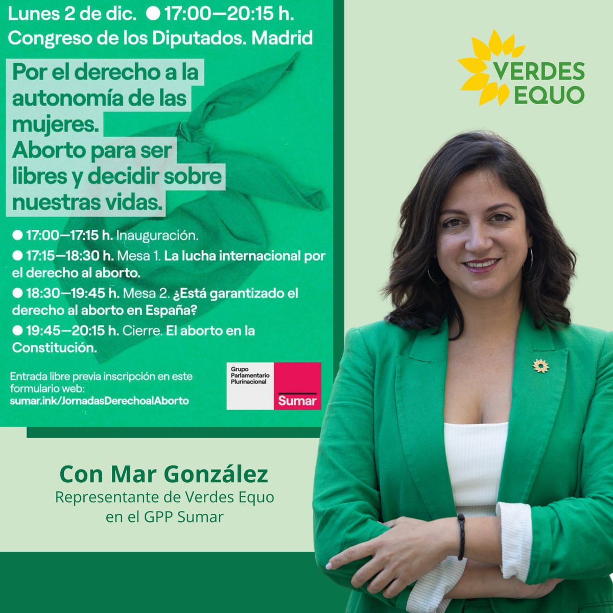 Hoy, a las 🕔17h, <a href="/MarGlezBaez/">Mar González 🌻🍉</a> participará en las jornadas en defensa del derecho al aborto que organiza el <a href="/SumarGP/">Grupo Parlamentario Plurinacional Sumar</a>, junto a la copresidenta de <a href="/europeangreens/">European Greens</a>  <a href="/Melanie_Vogel_/">Mélanie Vogel</a>, diputadas y  activistas, en el <a href="/Congreso_Es/">Congreso</a>

🎥 Síguelo en directo 👇🏻
app.congreso.es/AudiovisualCon…