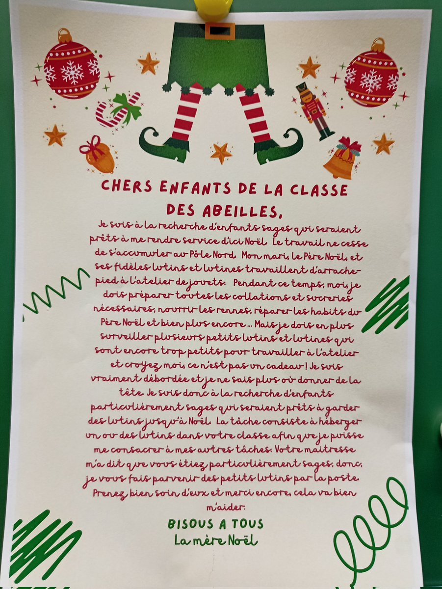 Nous avons reçu une lettre de la Mère Noël. Elle nous a dit qu'elle nous a envoyé des lutins par la poste. Nous ne savons pas s'il y en a un ou plusieurs.
Nous allons les héberger dans notre classe.
Augustin, Maloé, Dany, Éloïse, Solenne, Timothé
#lutinsfarceurs