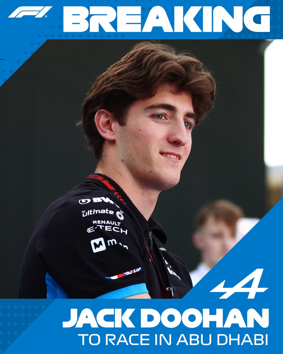 F1's tweet image. BREAKING: Jack Doohan will make his F1 debut for Alpine in Abu Dhabi, replacing Esteban Ocon

#F1