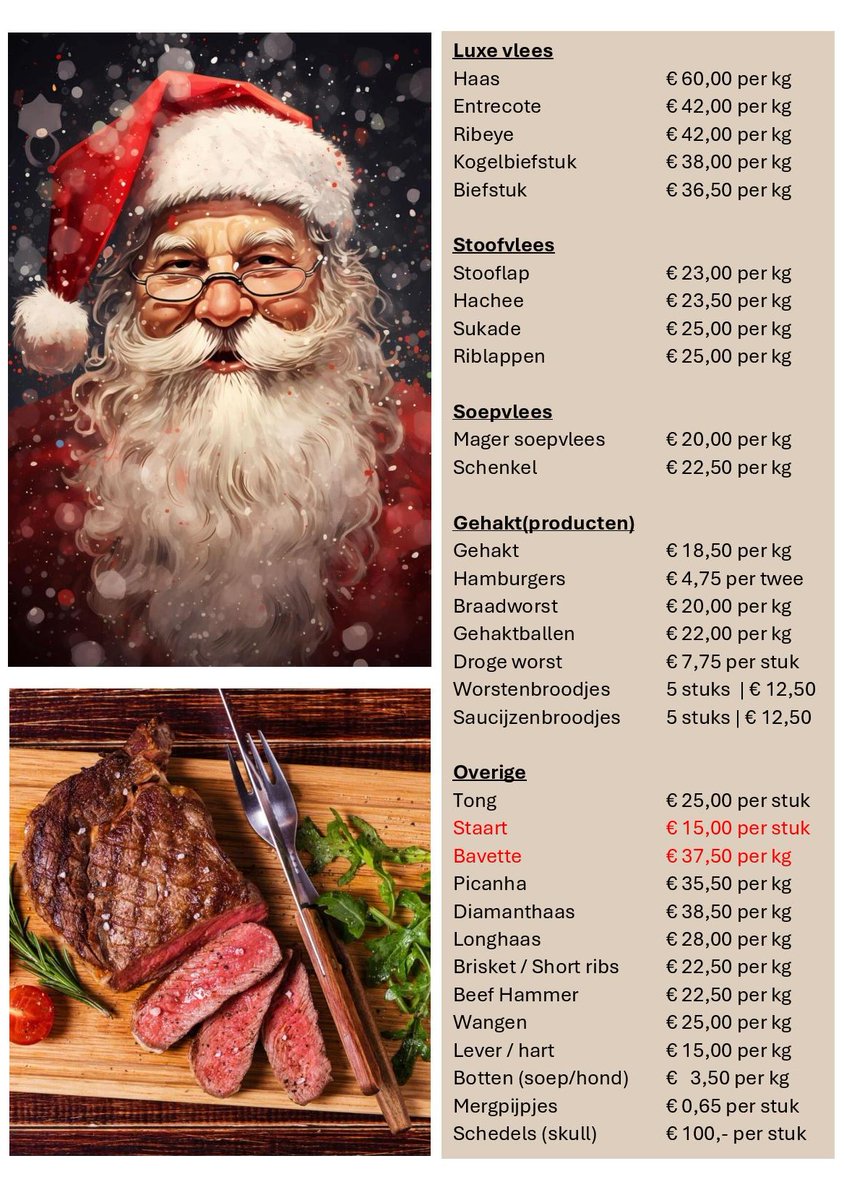 We merken dat mensen al bezig zijn met de Kerst. Raar maar waar... 😉 Daarom weer even een overzicht van de actuele voorraad. Een stoere bavette of stoere staart zit er niet meer in. 

Reserveren via info@destoerderij.nl of via een WhatsApp of SMS naar 06-13947995 (Arjan)

🍔🥩