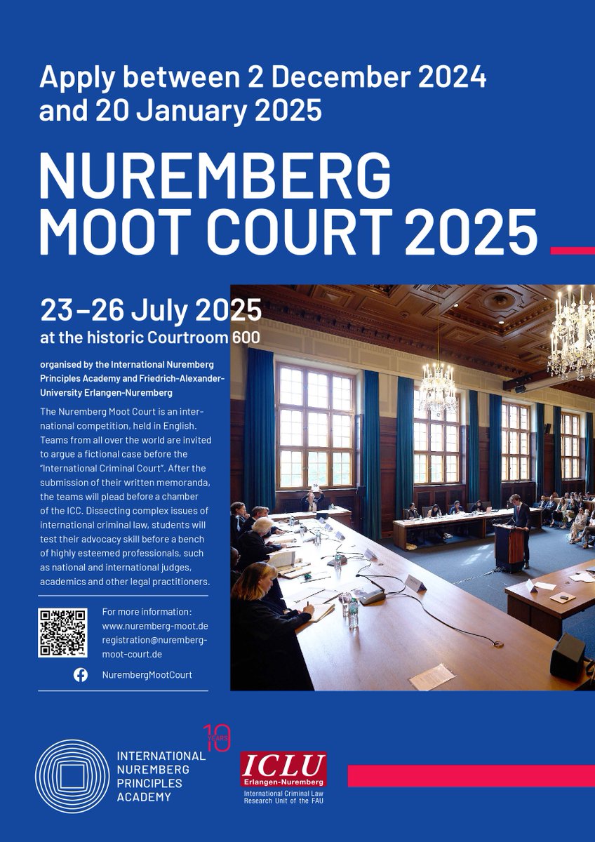 Nuremberg Moot Court 2025 in Courtroom 600: Apply now and register your team before 20 January 2025: bit.ly/3CMddJ1

The new timetable is available on our website: bit.ly/3ViZ9wG

Please also check our FAQ: bit.ly/4fSJPiC

#NMC25 #NurembergMootCourt