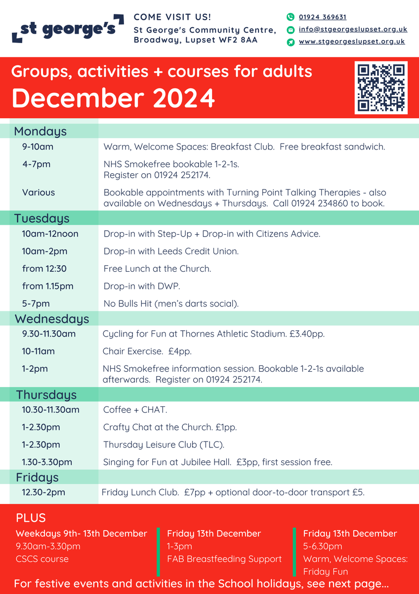 stgeorgeslupset's tweet photo. Our bumper December timetable is here! Check it out for regular sessions, festive fun + a glimpse of what's available in the New Year.
Get in touch 📞01924369631 📧info@stgeorgeslupset.org.uk 📍St George's Community Centre, Broadway WF2 8AA
#Wakefield #WhatsOn #Christmas2024 https://t.co/VG3LXIa7Qp