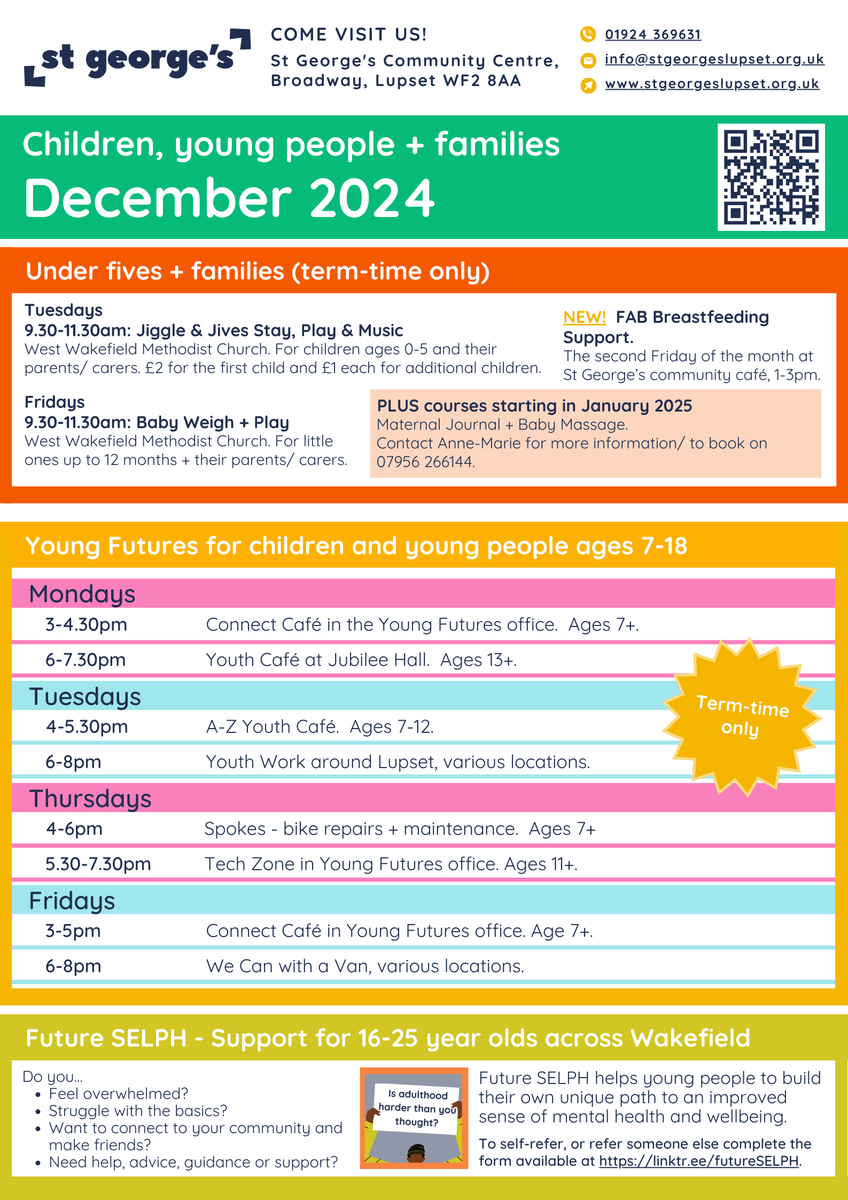 stgeorgeslupset's tweet photo. Our bumper December timetable is here! Check it out for regular sessions, festive fun + a glimpse of what's available in the New Year.
Get in touch 📞01924369631 📧info@stgeorgeslupset.org.uk 📍St George's Community Centre, Broadway WF2 8AA
#Wakefield #WhatsOn #Christmas2024 https://t.co/VG3LXIa7Qp