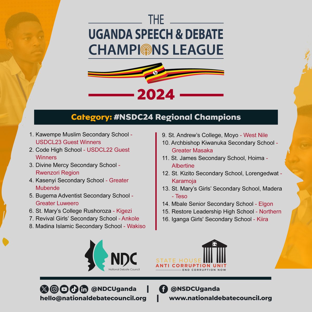 The #USDCL24 16 regional titans of #NSDC24 Regional Qualifier are up to defend their turf. Will Rwenzori's Divine Mercy rise like its mountain? Or will Mbale S. S from Elgon summit be higher?

This isn’t just debate; it’s a regional supremacy showdown.
#UnitedAgainstCorruption