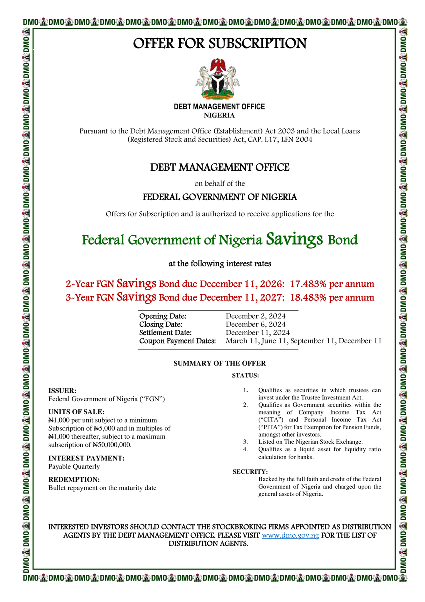 DMONigeria's tweet photo. FINAL FGN SAVINGS BONDS FOR 2024! 

Don't miss your last chance this year to invest in the:

2-year FGN Savings Bond
3-year FGN Savings Bond

Offer opens today - closes Friday

Ready to secure your investment?

Contact your stockbroker https://t.co/dlip5BFMk1