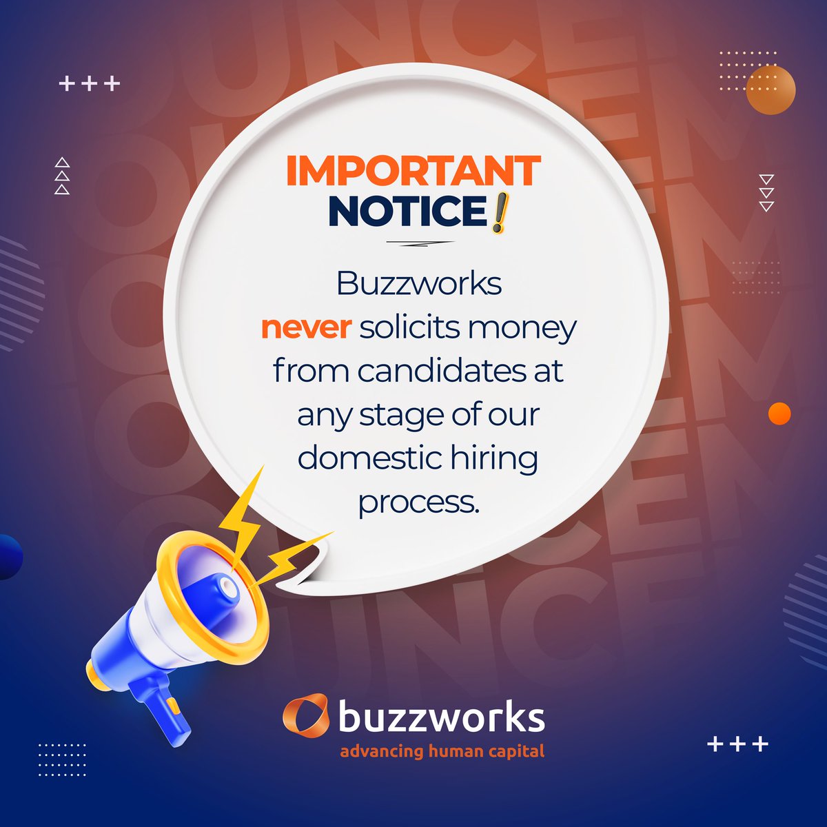 buzzworksdotcom's tweet photo. We NEVER ask for money from candidates for a job placements.

If you encounter such requests in our name, report it to info@buzzworks.com.

We stand for integrity, fairness, and ethical recruitment.

#Integrity #FairHiring #Buzzworks https://t.co/ycodEqKOT0