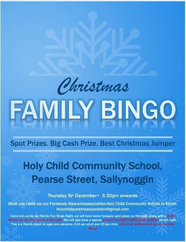 🎉 FAMILY BINGO! 🎲 
💰 Spot prizes, cash prizes and a best Christmas jumper! 🎁 
📌 When; This Thursday, 5th December 
📌 Time; 6:30 pm 
See poster for more details! 
<a href="/s_hccs/">Parent's Association HCCS</a> @Lecheiletrust1 <a href="/accsirl/">ACCS</a> #CommunityBingo #FamilyBingo