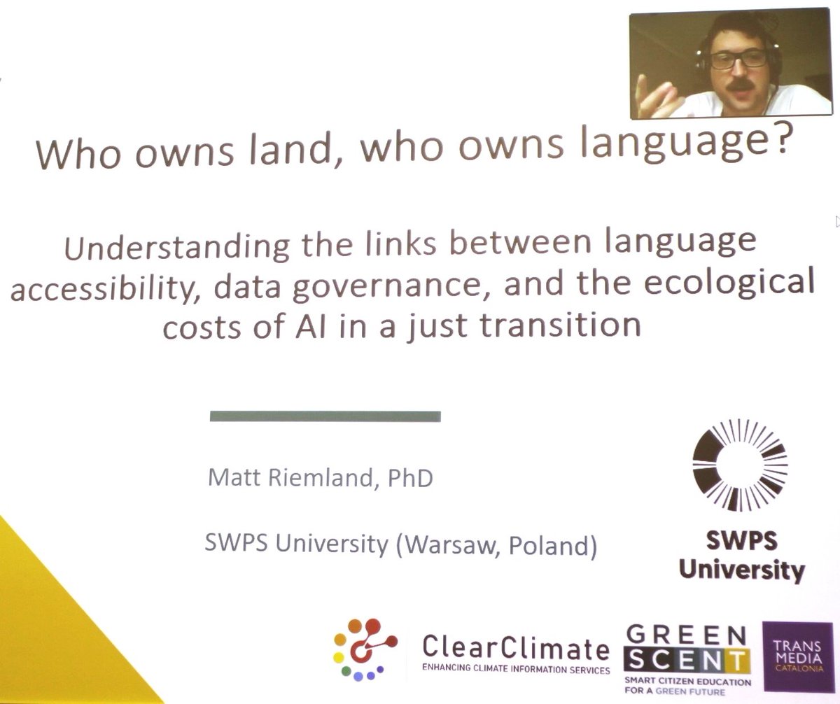 Greenscent_eu's tweet image. Matt Riemland from Uniwersytet SWPS presented &quot;Who Owns the Land, Who Owns Language?&quot;  during #GDA24.  He highlights AI’s ecological costs and ethical issues in data usage. Calls for sustainable, transparent AI practices. 🌍 #GreenDigitalAccessibility