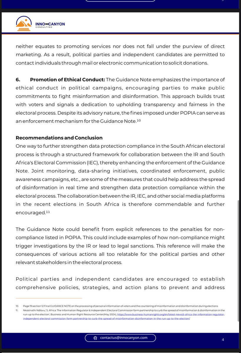 We recently published an overview of the South African Information Regulator’s guidance note on the processing of personal information during elections. Please find our overview below: 

More exciting news and articles can be found on our website/blog: innocanyon.com/blog/