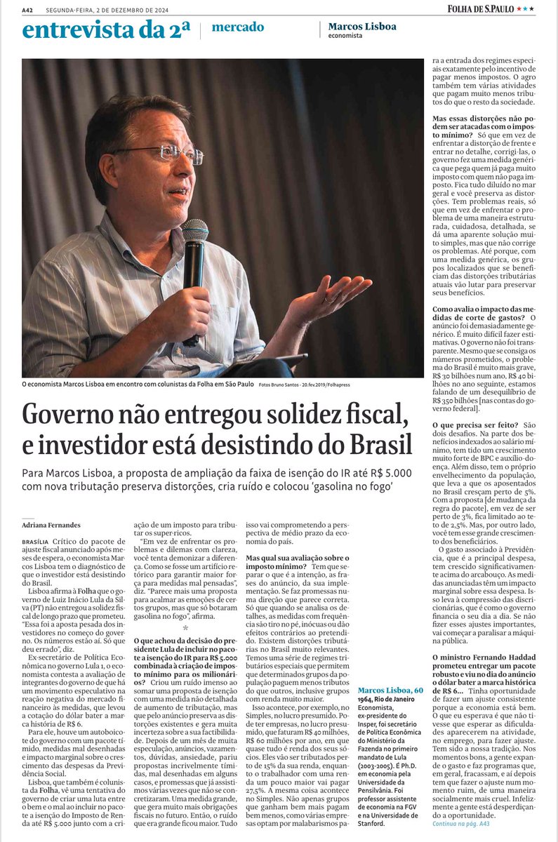 DanielPecanka's tweet photo. Marcos Lisboa: 

“Isso é muito curioso no Brasil. Toma-se medidas equivocadas, elas não se sustentam, anunciam um futuro pior que o presente, e aí a culpa é do outro.”

 https://t.co/ENOPRVA3rb https://t.co/y46tXELd82