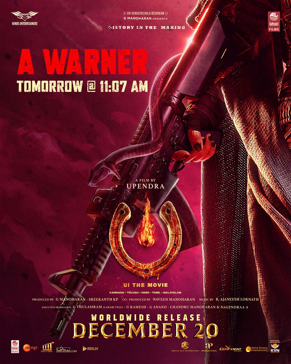 tellychakkar's tweet image. AN ULTIMATUM to the world 😎🔥
A 𝐖𝐀𝐑𝐍𝐄𝐑 that’s locked, loaded and ready to fire TOMORROW at 11:07 AM 💥
#UiTheMovieOnDEC20th
#UiTheMovie 
#UppiDirects #Upendra @nimmaupendra #GManoharan @Laharifilm @enterrtainers @kp_sreekanth #NaveenManoharan @AJANEESHB @shivakumarart