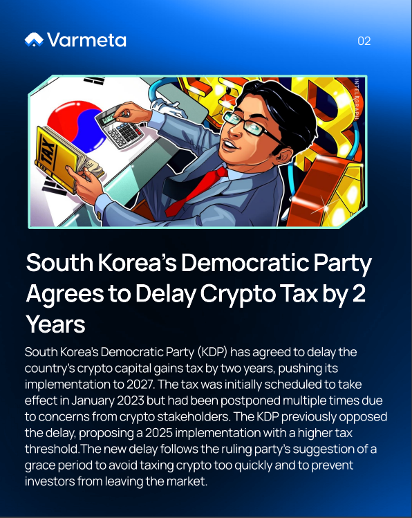 var_meta's tweet photo. 𝗪𝗲𝗲𝗸𝗹𝘆 𝗠𝗮𝗿𝗸𝗲𝘁 𝗛𝗶𝗴𝗵𝗹𝗶𝗴𝗵𝘁𝘀 🌟 
South Korea's Democratic Party Agrees to Delay Crypto Tax by 2 Years #Bitcoin #Web3 #Blockchain #TechnologyInnovation #BlockchainInnovation #ITSolution #ITService #CryptoNews #cryptomarket https://t.co/nBVMtZ59GY