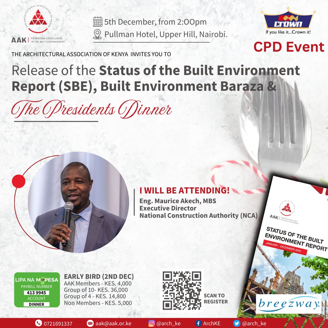 Eng Maurice Akech, Executive Director, National Construction Authority will be attending the Release of the AAK Status of the Built Environment Report and the President’s Dinner happening this Thursday from 2pm at Pullman Hotel, Upperhill, Nairobi.

Don't miss out!

Sign up now: