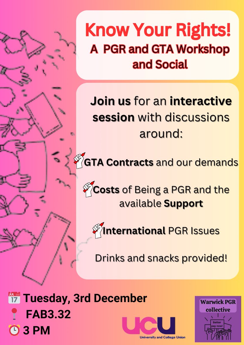 Gentle Reminder for the event tomorrow. We will be discussing GTA and PGR rights, and some peculiar conditions that international GTAs and PGRs have to navigate. Hoping to see you there!! <a href="/WarwickUCU/">Warwick UCU</a>