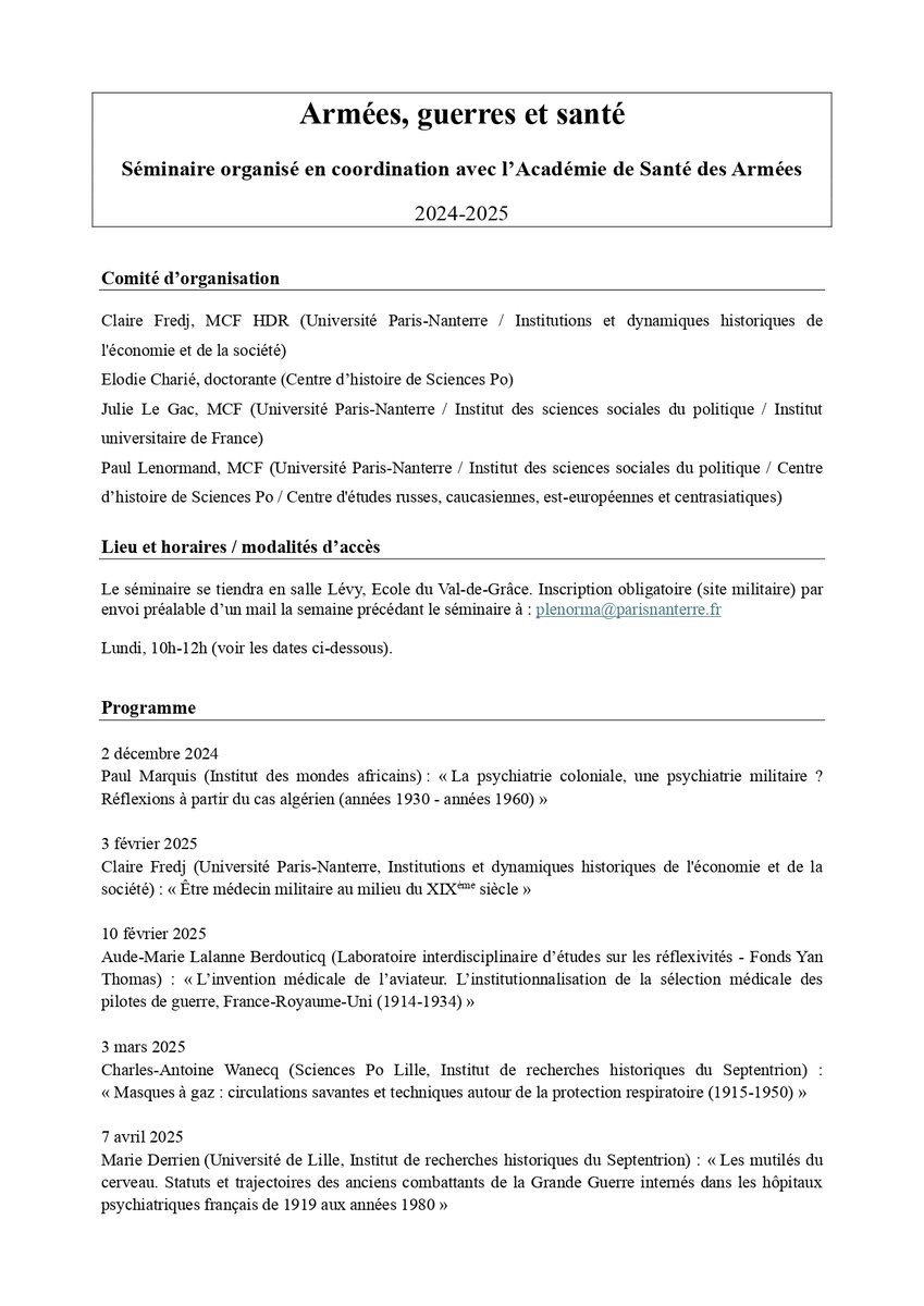 🧐Un nouveau séminaire de recherche qui a l'air passionnant et commence aujourd'hui, organisé par Claire Fredj, Elodie Charié, <a href="/JulieGac/">Julie Le Gac</a> &amp; Paul Lenormand => Prog. en lien &amp; en image histoiresante.blogspot.com/2024/11/armees…