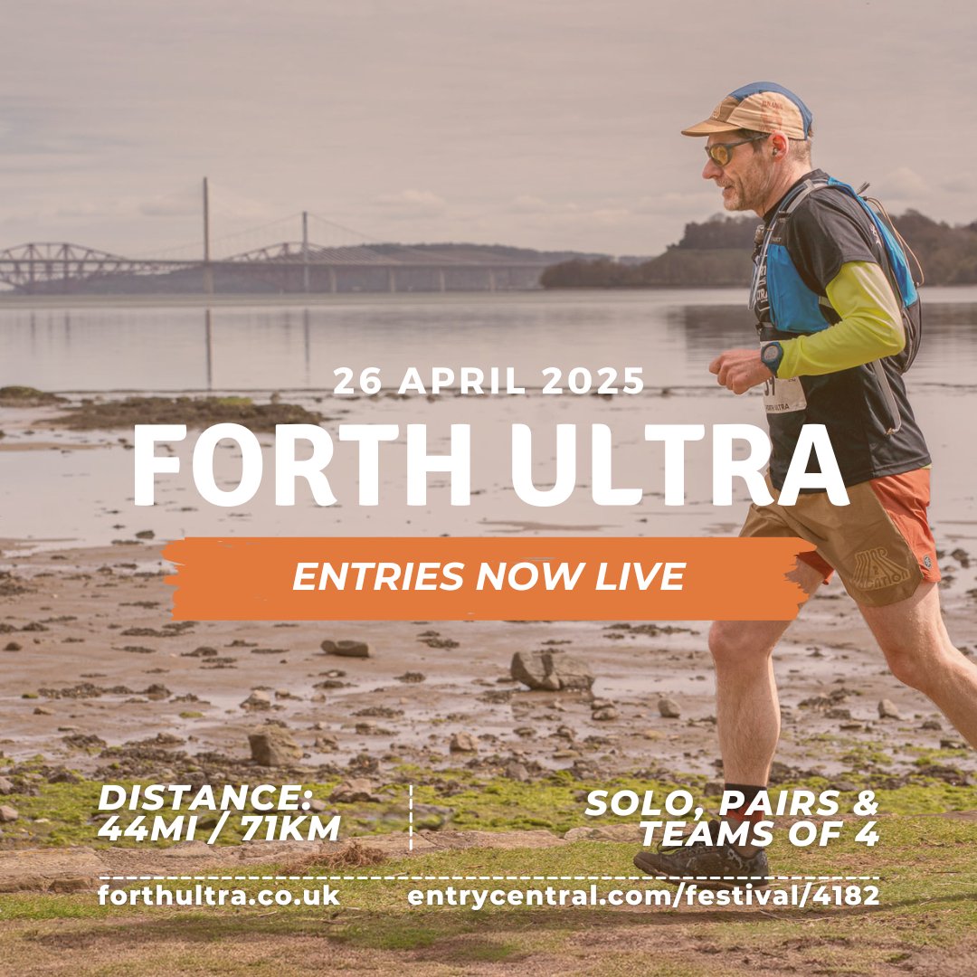 EventsScurry's tweet image. 📷It's back for 2025 and NOW LIVE - The Forth Ultra and team relay 2025 - 26th April 2025 - solos - pairs and teams of 4.
📷 entrycentral.com/ForthUltra2025
📷Join the journey and push your limits at the Forth Ultra. Are you ready to embrace the challenge?
📷 forthultra.co.uk