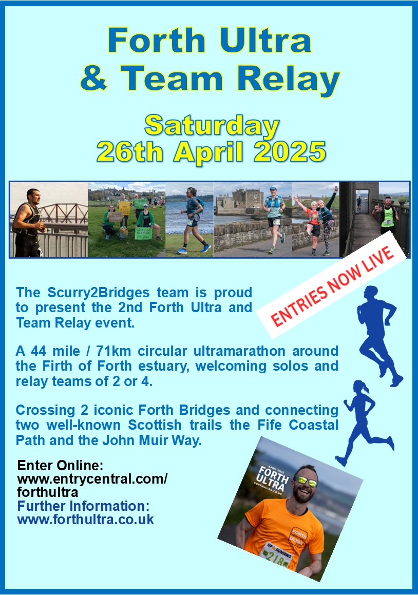EventsScurry's tweet image. 📷It's back for 2025 and NOW LIVE - The Forth Ultra and team relay 2025 - 26th April 2025 - solos - pairs and teams of 4.
📷 entrycentral.com/ForthUltra2025
📷Join the journey and push your limits at the Forth Ultra. Are you ready to embrace the challenge?
📷 forthultra.co.uk