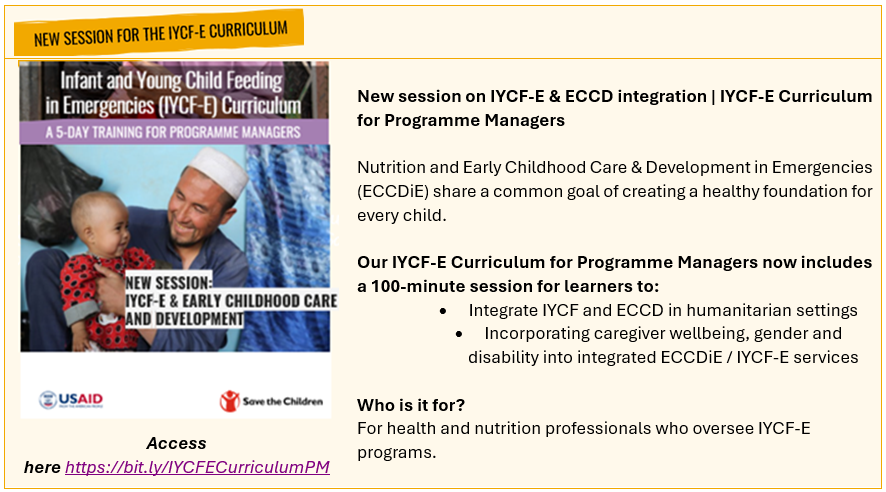 IFE Core Group (@ifecoregroup) on Twitter photo 💡New IYCF-E resources from <a href="/save_children/">Save the Children International</a>
New Session on #IYCF-E & ECCD-E: 100-min session linking early childhood care & development in emergencies. Learn to integrate these in emergencies, focusing on caregiver wellbeing, gender, & disability.
🔗bit.ly/IYCFECurriculu… 💡New IYCF-E resources from <a href="/save_children/">Save the Children International</a>
New Session on #IYCF-E & ECCD-E: 100-min session linking early childhood care & development in emergencies. Learn to integrate these in emergencies, focusing on caregiver wellbeing, gender, & disability.
🔗bit.ly/IYCFECurriculu…