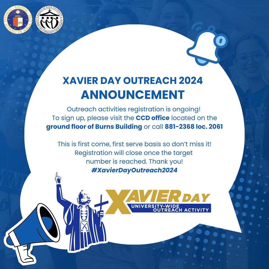 CCDADNU's tweet photo. 𝐗𝐚𝐯𝐢𝐞𝐫 𝐃𝐚�� 𝐎𝐮𝐭𝐫𝐞𝐚𝐜𝐡 𝟐𝟎𝟐𝟒 

Let us unite in celebrating the feast of St. Francis Xavier by reaching out to those in need 

Registration for this year’s Xavier Day Outreach activities is still open. https://t.co/cVOKbD5XdZ