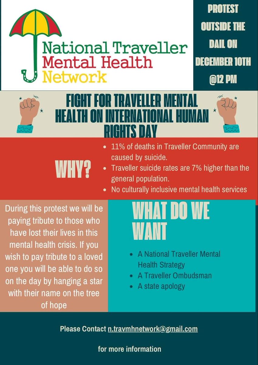 As members of the <a href="/TravellersMH/">National Traveller Mental Health Network</a> we are calling on all our members and allies to support our protest 10th Dec 12 noon at our Dáil. 
#TravellerMentalHealth
#TravellerStateApology