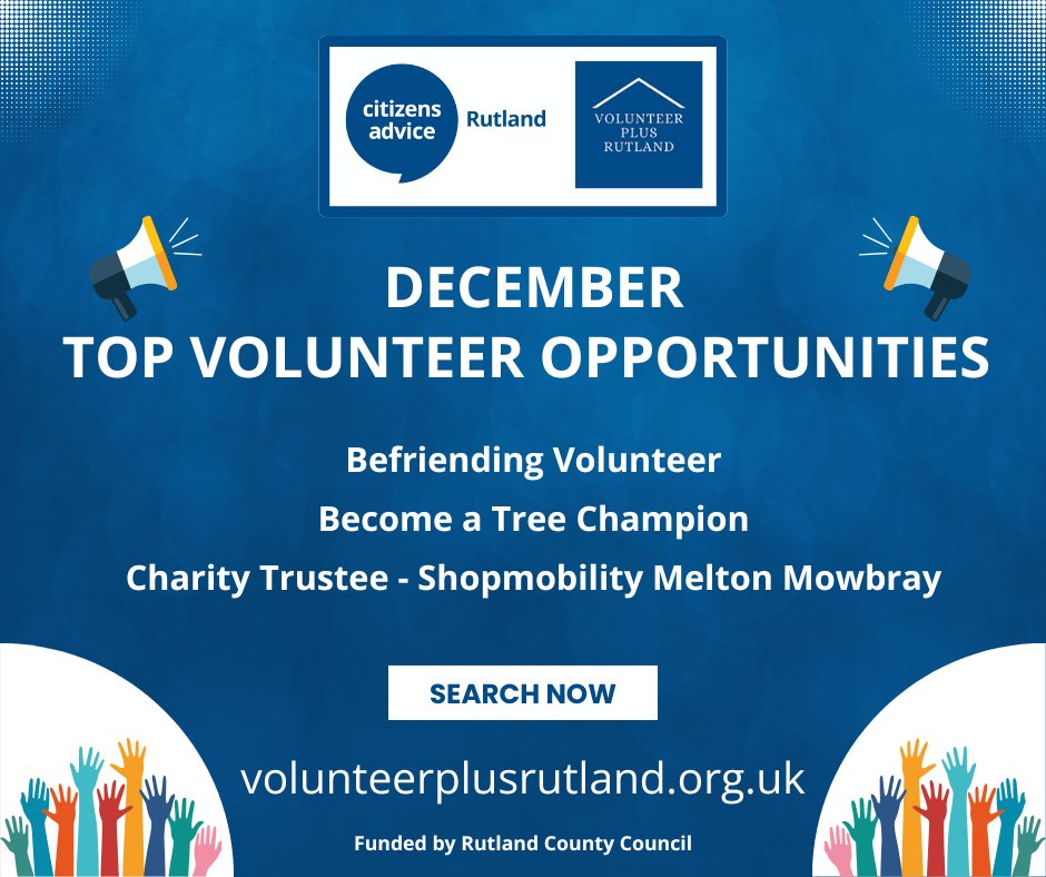 Volunteer Rutland (@volunteerrut) on Twitter photo Last month of 2024 & we're highlighting 3 Top Volunteering roles this December:
⭐️Befriending Volunteer <a href="/ageukleics/">Age UK Leicester Shire & Rutland</a>
⭐Become a Tree Champion <a href="/rutlandcouncil/">Rutland County Council</a>
⭐Charity Trustee - Shopmobility Melton Mowbray
For info on these & more roles in Rutland see volunteerplusrutland.org.uk Last month of 2024 & we're highlighting 3 Top Volunteering roles this December:
⭐️Befriending Volunteer <a href="/ageukleics/">Age UK Leicester Shire & Rutland</a>
⭐Become a Tree Champion <a href="/rutlandcouncil/">Rutland County Council</a>
⭐Charity Trustee - Shopmobility Melton Mowbray
For info on these & more roles in Rutland see volunteerplusrutland.org.uk