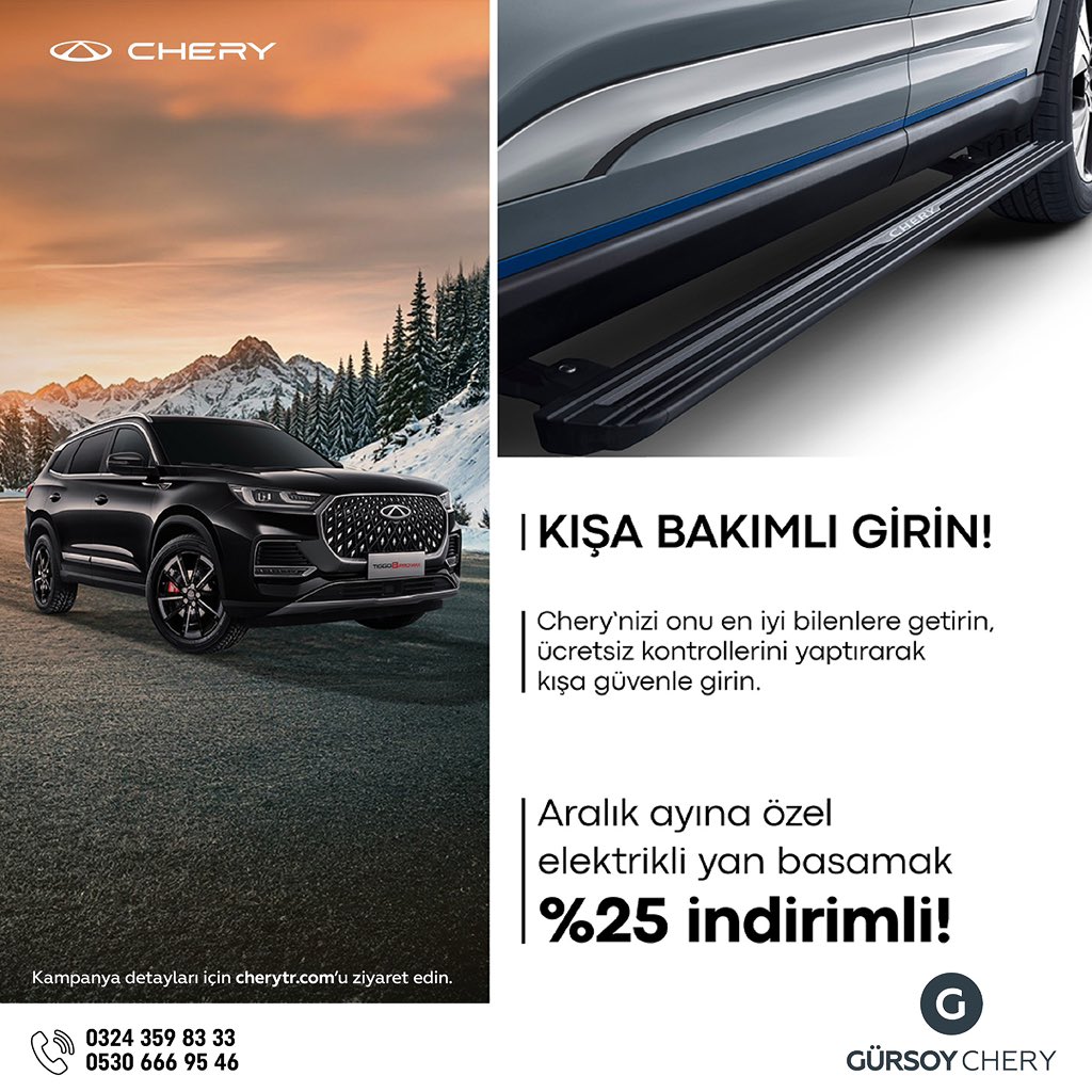 Chery aracınızı onu en iyi tanıyana getirin, ücretsiz kontrollerini yaptırarak kışa güvenle girin. Chery Gürsoy Yetkili Servisi'ne mutlaka bekliyoruz. 

#chery #mersinchery #cherygürsoy #cherytürkiye #cherymersin #gürsoygrup #gürsoyoto #cheryservis