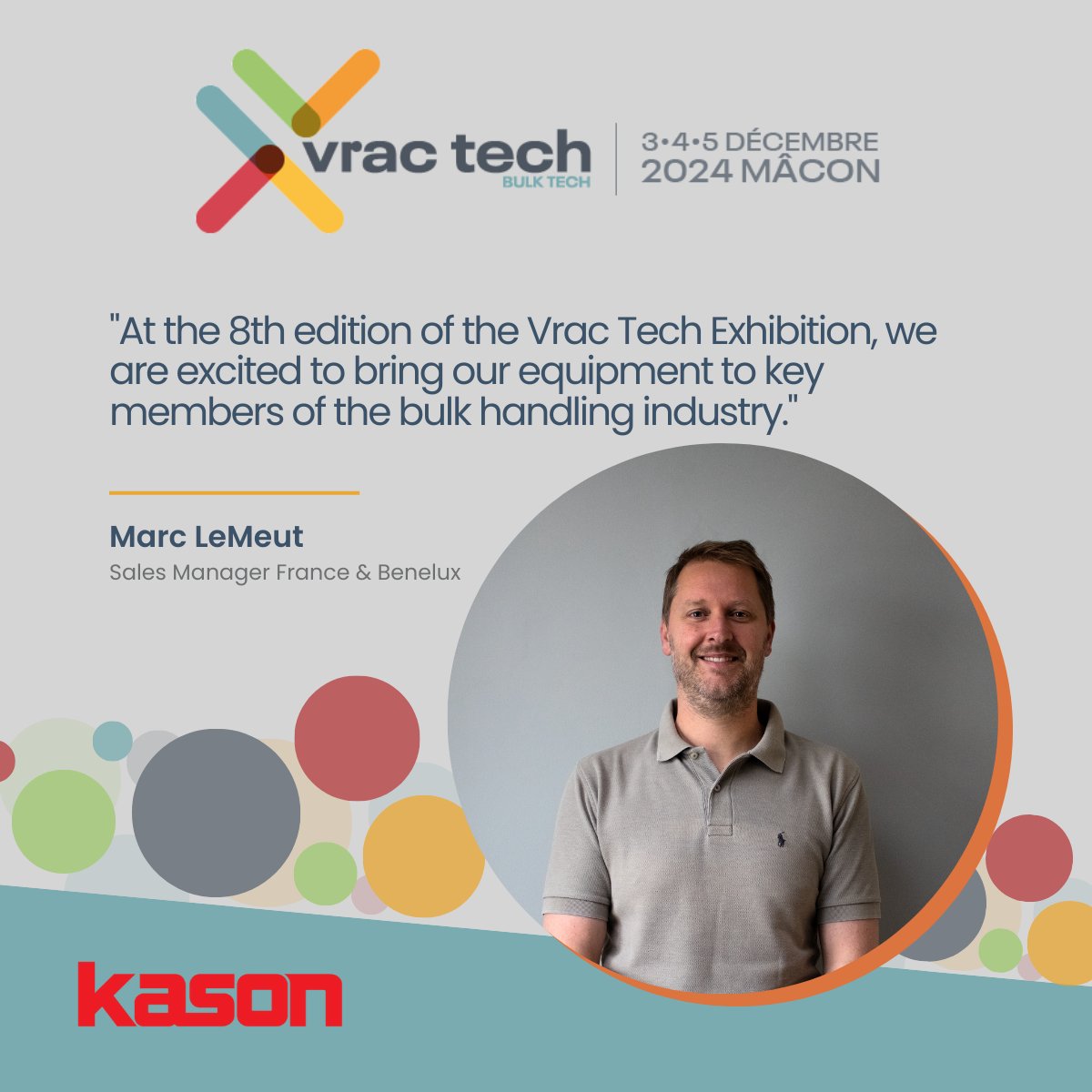 Kason is exhibiting at Vrach Tech this week alongside PBH FRANCE, and its sister companies Cablevey Conveyors, Spiroflow, and Marion Process Solutions.

Secure your FREE badge here: hubs.ly/Q02ZXGD70