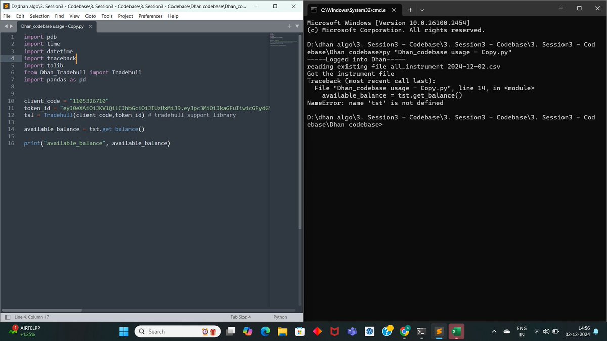 SammedP007's tweet image. &quot;Facing issues with Python code provided by Dhan while following their YouTube tutorial:
1️⃣ get_ltp_data() got unexpected keyword &apos;name&apos;.
2️⃣ NameError: &apos;tst&apos; not defined.
Screenshot attached. Can anyone help? 🙏 #Python #DhanAPI #CodingHelp&quot;@DhanHQ