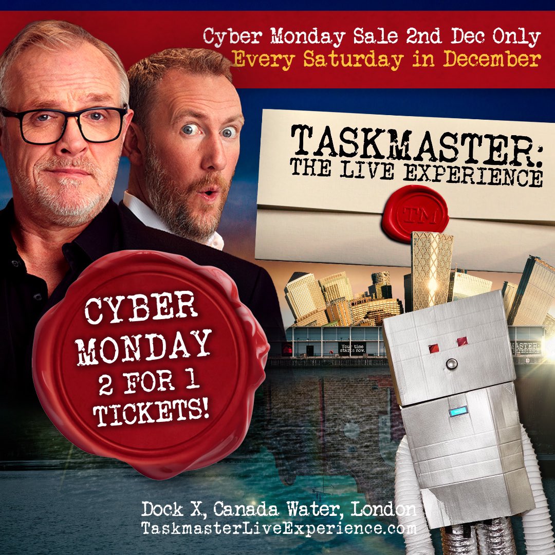 TMTheExperience's tweet photo. Bleep bloop it’s #CyberMonday! 🤖 Get 2-4-1 tickets for all Saturdays in December, today only! #TaskmasterLive  

https://t.co/5DVG2JjtfZ https://t.co/9PwP6JYR18