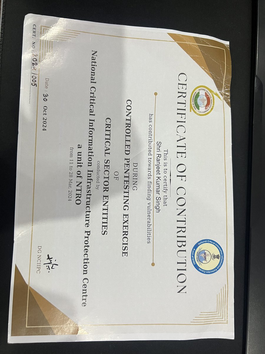 Honored to receive a reward and certificate of contribution from <a href="/NCIIPC/">NCIIPC India</a> for supporting the protection of critical information infrastructure by identifying key vulnerabilities.

#bugbounty #hacking #nciipc