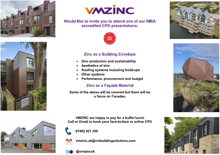 It you`d like a <a href="/RIBA_CPD/">RIBA CPD</a> on #zinc as a building envelope or as a #facade material please let us know
ribacpd.com/cpd-providers/…