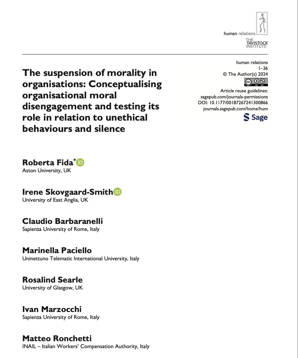 Human Relations (@hr_tihr) on Twitter photo ✍️ Just published at <a href="/HR_TIHR/">Human Relations</a>!
"The suspension of #morality in #organisations: Conceptualising organisational #moral #disengagement and testing its role in relation to #unethical #behaviours and #silence"
Enjoy:
doi.org/10.1177/001872…
<a href="/T_I_H_R/">Tavistock Institute</a>
<a href="/HR_TIHR/">Human Relations</a> ✍️ Just published at <a href="/HR_TIHR/">Human Relations</a>!
"The suspension of #morality in #organisations: Conceptualising organisational #moral #disengagement and testing its role in relation to #unethical #behaviours and #silence"
Enjoy:
doi.org/10.1177/001872…
<a href="/T_I_H_R/">Tavistock Institute</a>
<a href="/HR_TIHR/">Human Relations</a>
