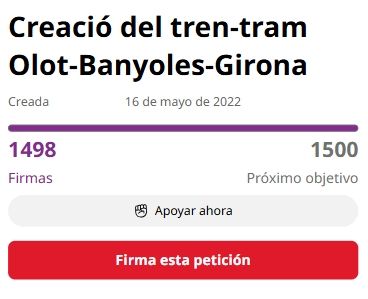 Ens falten només 2 firmes per arribar a 1500 i assolir el proper objectiu de visibilitat a Change.org. D'aquí poc ens reunim amb <a href="/territoricat/">Territori</a> <a href="/SilviaPaneque/">Sílvia Paneque</a> i cal arribar-hi amb força! Si encara no has firmat, pots fer-ho aquí: buff.ly/3UhvFzC