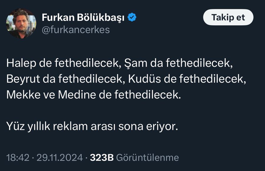 İsrail tekrardan iç savaş çıkartıp Suriye'yi ele geçirip Hatay sınırından Türkiye'ye dayandığı zaman o fetihleri dürüm yapıp verirler elinize. 

Domates 70 lira, biber 80 lira olmuş, ülke insanının çoğu açlık sınırında geziyor siz fetih rüyası görün..🤸‍♀️