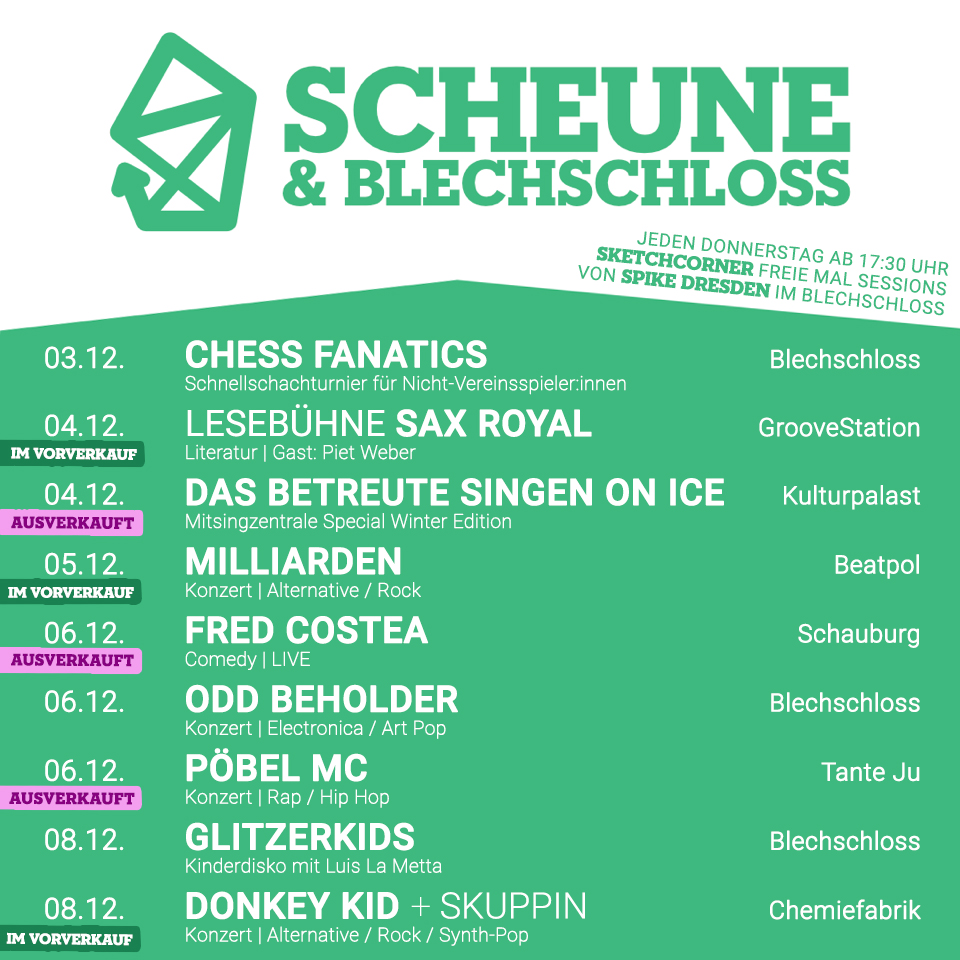 10 Veranstaltungen in 7 Tagen. Wir machen das diese Woche. Kommst du irgendwo vorbei? Bis dann! scheune.org