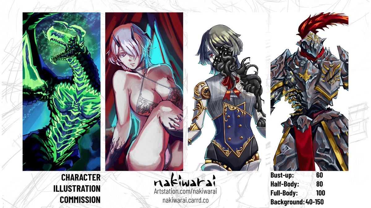 nakiwarai43's tweet photo. Hi hi! i am accepting commissions!! 
I am Naki and i'm a generalist illustrator focusing mainly on painting styles. 
I can draw a variety of subjects from human girls to dragons to robots!!   
I'm also available on #VGenOpen , link below https://t.co/S1nmaxj61g