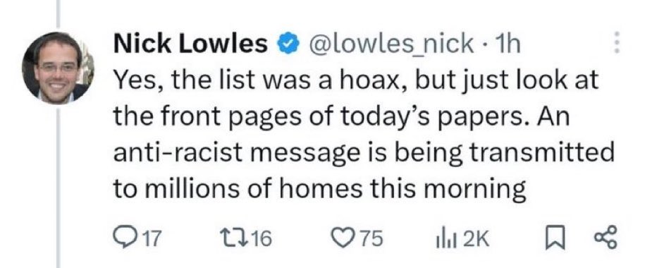 Wokewaster's tweet photo. It's weird how Nick Lowles from a  government funded far left extremists hate group, can deliberately spread disinformation which directly caused violence and rioting but he has never faced any consequences for his actions. Why is that I wonder? https://t.co/b80VlCdTcj