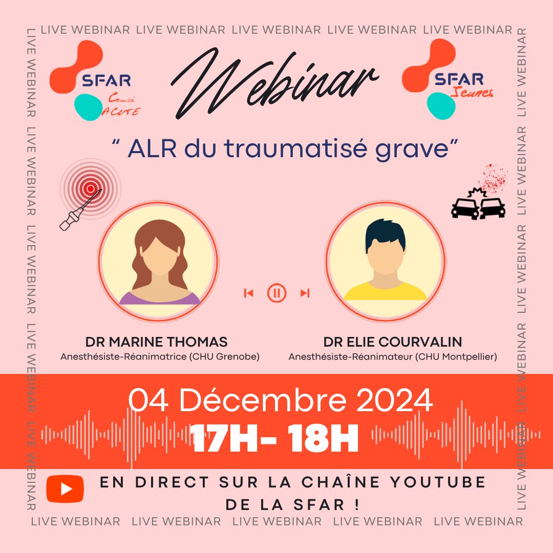 🔥 Breaking News 🔥
Il est beau il est chaud, le prochain Webinar SFAR Jeunes /ACUTE c’est ce mercredi 4 Decembre 🤩
Connectez vous à 17h sur la SFAR TV, pour tout savoir sur l’ALR chez le traumatisé ! 

On vous attend nombreux 🔥