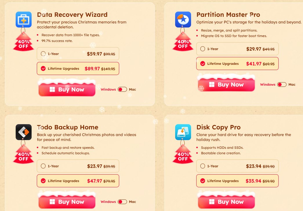 shelly1Q's tweet image. 🎄 EaseUS Christmas Sale – Huge Discounts &amp;amp; Free Gift! 🎁
✨ Up to 60% OFF + Get4 EaseUS VideoKit for FREE！✨
🎁 Don&apos;t miss these amazing offers (Dec. 2 - Dec. 29):
🎅 Shop now!
jpeaseus.pxf.io/c/5558063/2247…
#easeusRecExperts
#DataRecoveryWizard
#PartitionMasterPro