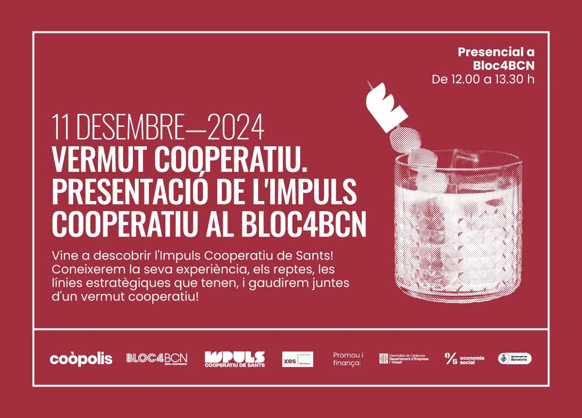 Impuls Cooperatiu de Sants (@santscoop) on Twitter photo Com fem un desenvolupament econòmic popular al territori? Com articulem ecosistemes cooperatius locals? Quins serveis presten les nostres iniciatives a la comunitat?
Presentem l'Impuls Cooperatiu de Sants al <a href="/Bloc4BCN/">Bloc4BCN - Espai cooperatiu</a>.
Tots i totes convidades!
sants.coop Com fem un desenvolupament econòmic popular al territori? Com articulem ecosistemes cooperatius locals? Quins serveis presten les nostres iniciatives a la comunitat?
Presentem l'Impuls Cooperatiu de Sants al <a href="/Bloc4BCN/">Bloc4BCN - Espai cooperatiu</a>.
Tots i totes convidades!
sants.coop