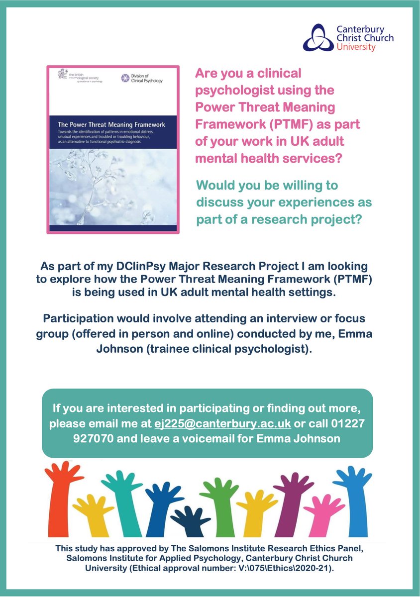 Still looking to recruit UK qualified #clinpsychs willing to discuss their use of the
<a href="/PTMFramework/">The Power Threat Meaning Framework</a> #PowerThreatMeaningFramework for my DClinPsy Major Research Project supervised by
<a href="/AnneCooke14/">Dr Anne Cooke</a>. Please DM or email ej225@canterbury.ac.uk if interested and please share!