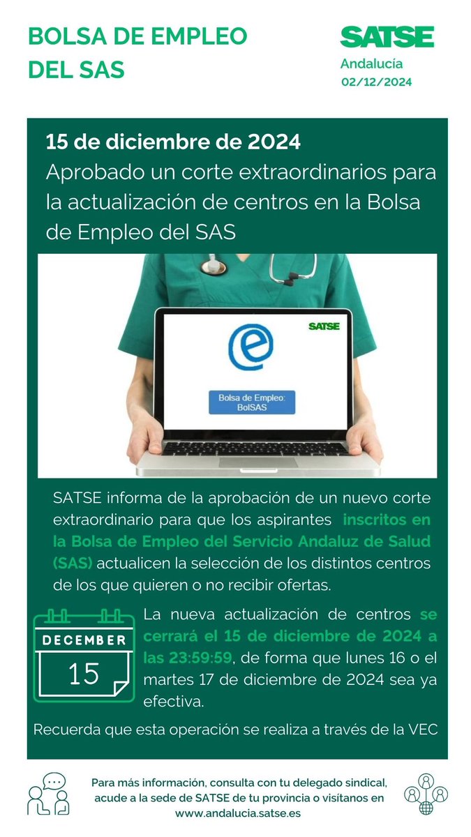 ‼️¿Estas inscrito en la Bolsa de #Empleo SAS y quieres cambiar tu selección de centros?
📍Hasta el 15 de diciembre, incluido, puedes modificar tu elección, se ha aprobado un corte extraordinario
💻Recuerda que se realiza en la VEC
🔗Infórmate aquí andalucia.satse.es/noticias/-/v/6…