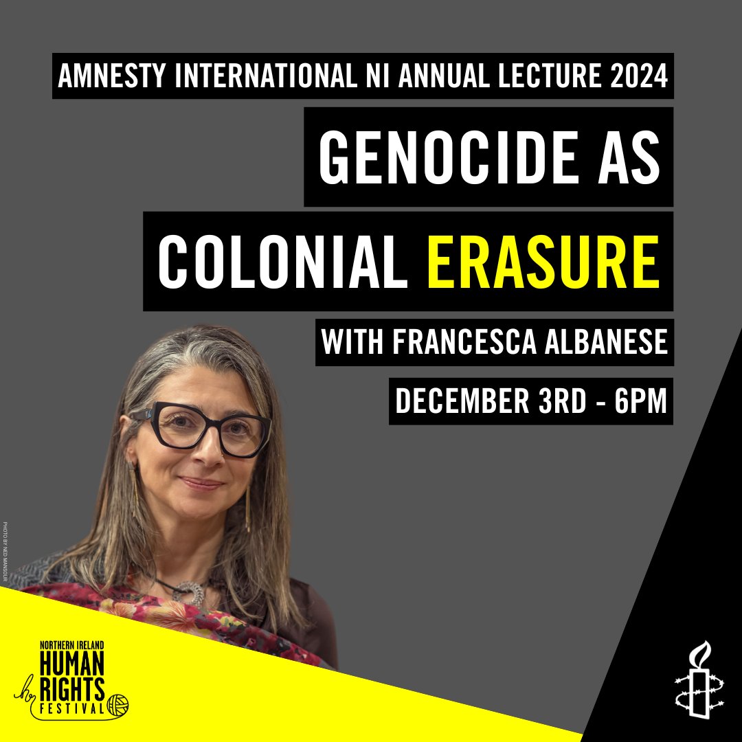 Amnesty UK (@amnestyuk) on Twitter photo Tomorrow, UN Special Rapporteur Francesca Albanese (<a href="/FranceskAlbs/">Francesca Albanese, UN Special Rapporteur oPt</a>) joins <a href="/AmnestyNI/">Amnesty Int'l NI</a> to discuss her latest report, Genocide as Colonial Erasure, where she examines the unfolding horrors in the occupied Palestinian territory.
Join us for free đ» : amn.st/6012tme6r Tomorrow, UN Special Rapporteur Francesca Albanese (<a href="/FranceskAlbs/">Francesca Albanese, UN Special Rapporteur oPt</a>) joins <a href="/AmnestyNI/">Amnesty Int'l NI</a> to discuss her latest report, Genocide as Colonial Erasure, where she examines the unfolding horrors in the occupied Palestinian territory.
Join us for free đ» : amn.st/6012tme6r
