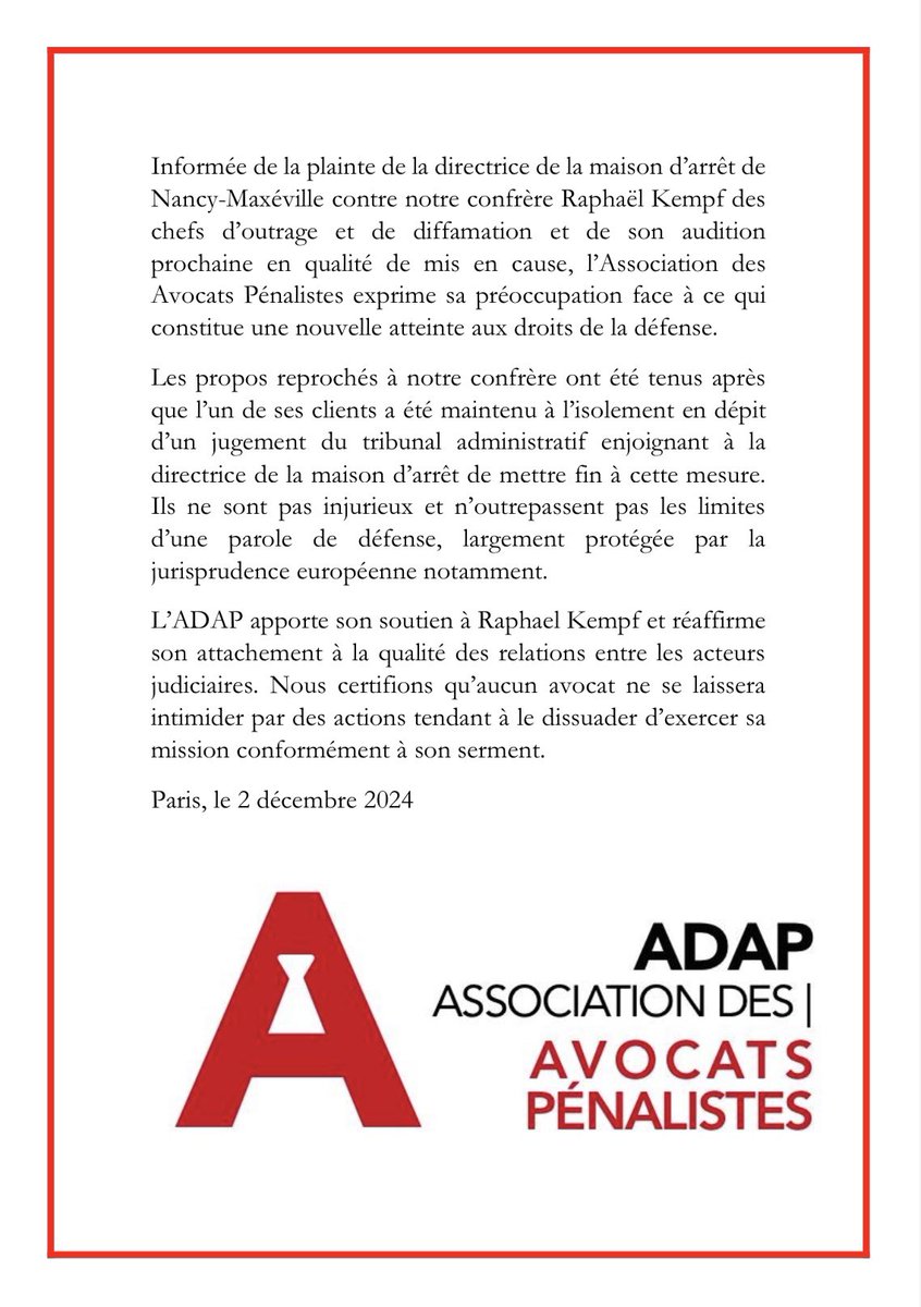 Association des Avocats Pénalistes (@assoadap) on Twitter photo Parce qu’aucun avocat ne doit faire l’objet d’intimidation, fut-elle judiciaire, soutien de l’<a href="/AssoADAP/">Association des Avocats Pénalistes</a> à notre confrère <a href="/raphkempf/">Raphaël Kempf</a> ⬇️ Parce qu’aucun avocat ne doit faire l’objet d’intimidation, fut-elle judiciaire, soutien de l’<a href="/AssoADAP/">Association des Avocats Pénalistes</a> à notre confrère <a href="/raphkempf/">Raphaël Kempf</a> ⬇️