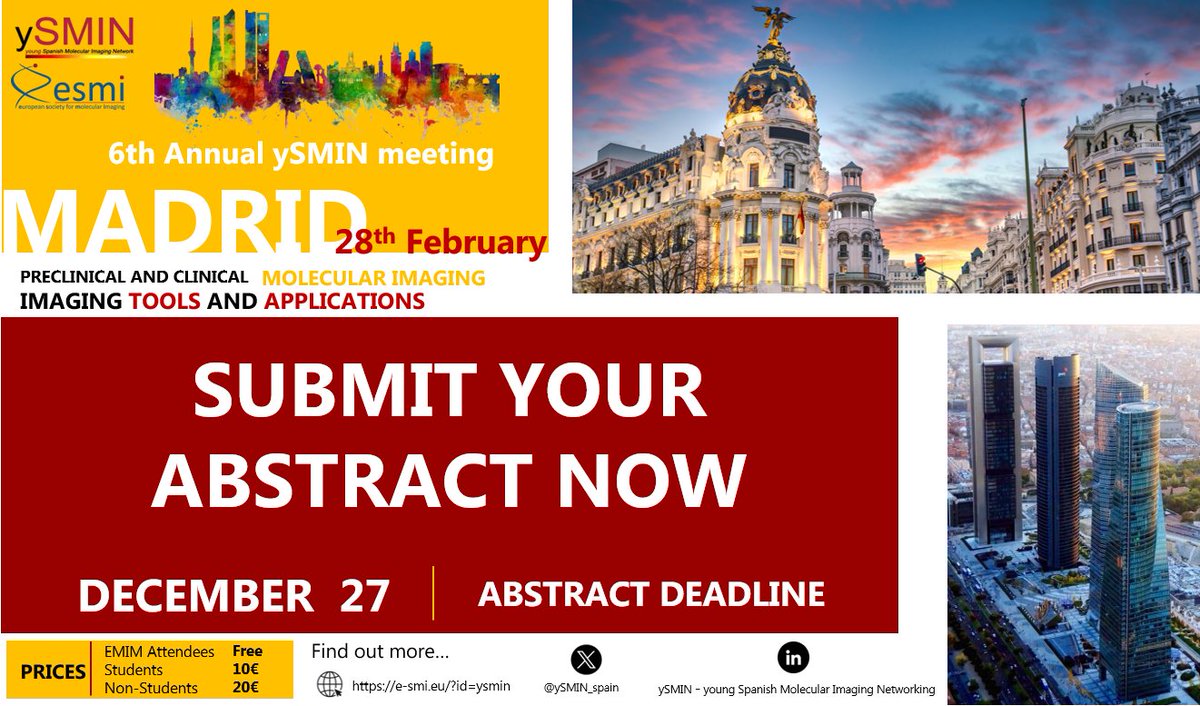 Save the date!

We invite you to the 6th ySMIN meeting, send your abstract now!! 📩ySMIN@esmi-insight.eu 

📌Madrid 
🗓️28th February 
 🩻 6th ySMIN meeting

Stay tuned, we will soon open registration and announce the venue.

We look forward to seeing you!

<a href="/ESMI_society/">European Society for Molecular Imaging - ESMI</a>