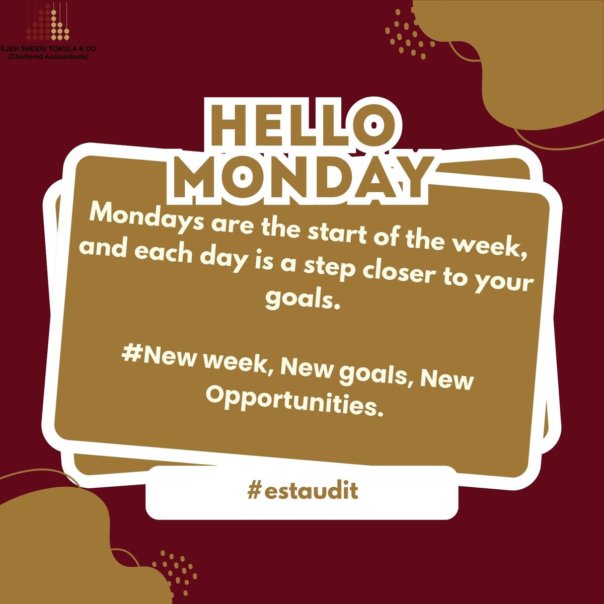 estaudit_ng's tweet photo. Happy New Week!
A fresh opportunity to crush your goals ๐
#estaudit #newweek #monday #MotivationalMonday https://t.co/Mrbd8jOtg7