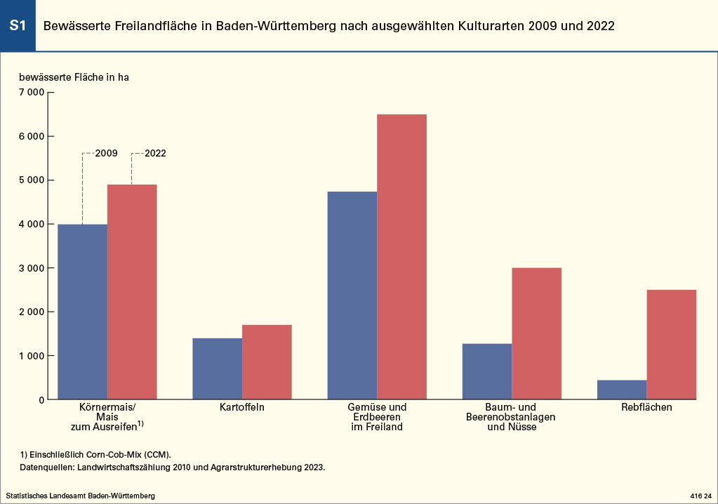 In Baden-Württemberg hat sich die bewässerte Fläche in der Landwirtschaft seit 2009 um 61 % erhöht. Dies ist eine Reaktion auf zunehmende Trockenphasen und den Klimawandel. Eine ausführliche Analyse zur Bewässerung in der Landwirtschaft lesen Sie hier:
➡️ statistik-bw.de/Service/Veroef…