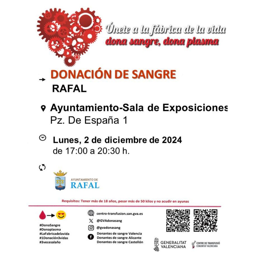 AytoRafal's tweet photo. 📌 Te esperamos esta tarde en la jornada de donación de sangre que llevamos a cabo en la sala de exposiciones del Ayuntamiento de #Rafal. 🩸

Estaremos de 17:00 a 20:30 horas. ¡Ayúdanos a marcar la diferencia! ❤️ 

@GVAdonasang 

#OrgulloDeRafal https://t.co/DmjMxQNve8